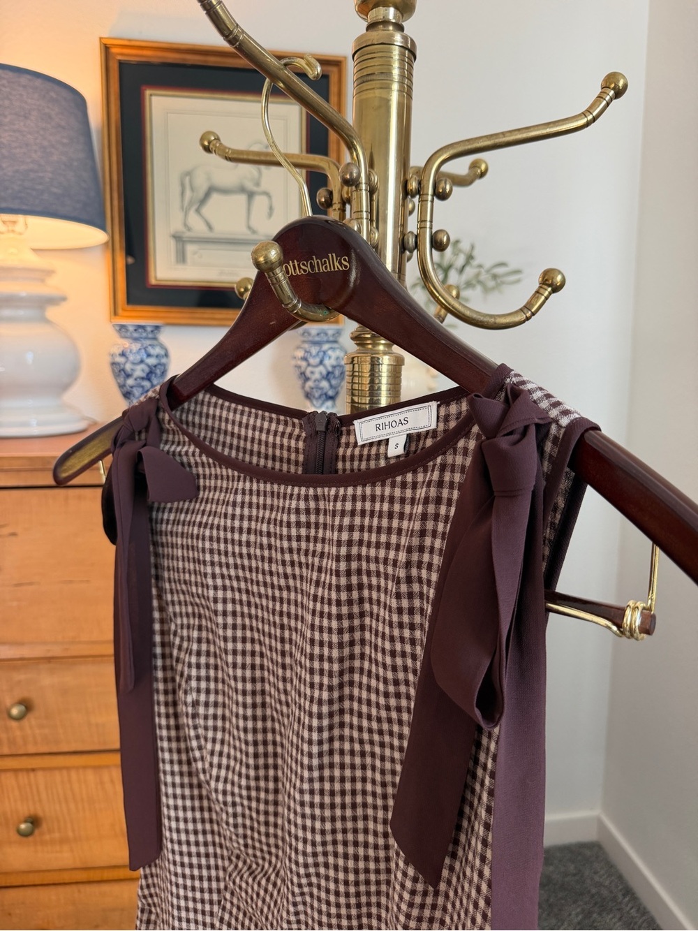 Rihoas Brown Gingham Tie-Shoulder Midi Dress